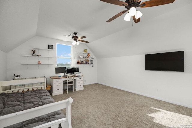 bedroom featuring baseboards, vaulted ceiling, a ceiling fan, and light colored carpet