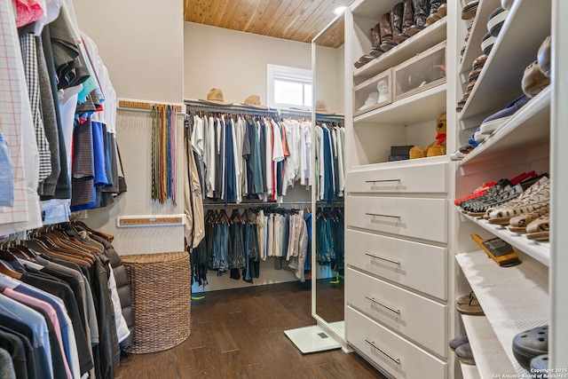 walk in closet with dark wood-type flooring