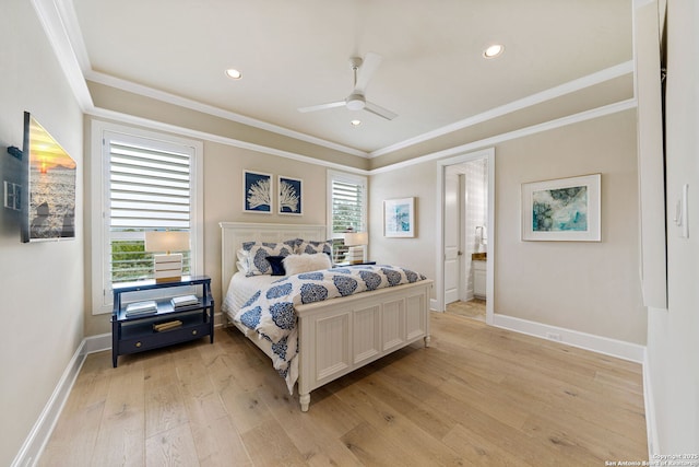 bedroom with baseboards, ceiling fan, ornamental molding, light wood-style floors, and recessed lighting