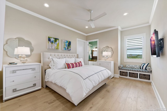 bedroom with light wood finished floors, baseboards, crown molding, and recessed lighting