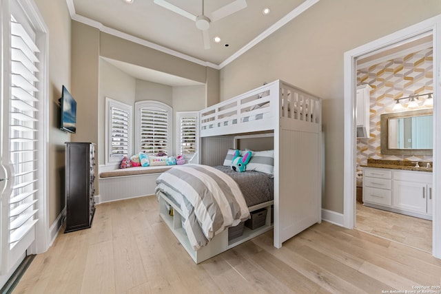 bedroom featuring ensuite bath, light wood-style flooring, crown molding, and recessed lighting