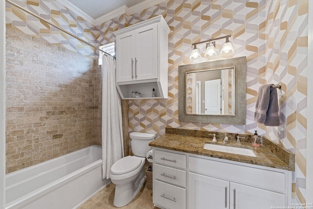 full bathroom featuring shower / tub combo, toilet, tile patterned flooring, crown molding, and vanity