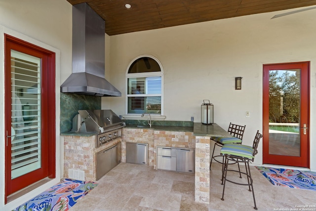 view of patio / terrace featuring visible vents, an outdoor kitchen, grilling area, outdoor wet bar, and a sink