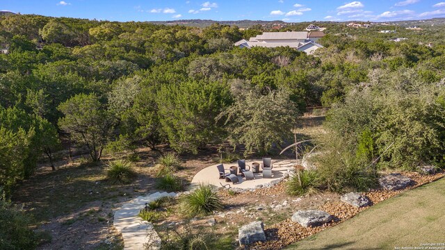 bird's eye view with a wooded view