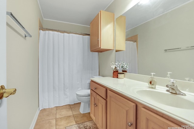 bathroom with toilet, ornamental molding, tile patterned floors, curtained shower, and vanity