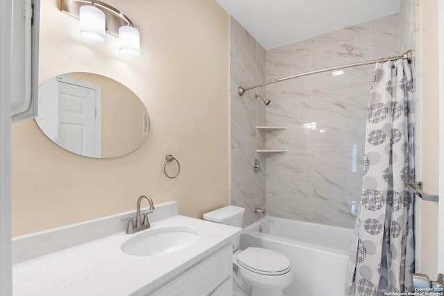 full bath featuring vanity, shower / bath combination with curtain, and toilet