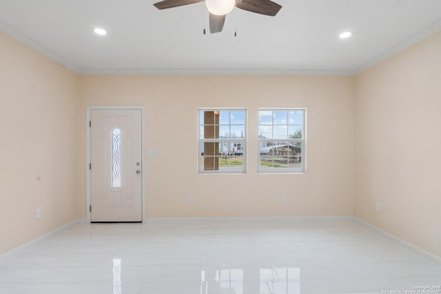 foyer entrance featuring baseboards, ceiling fan, recessed lighting, and crown molding