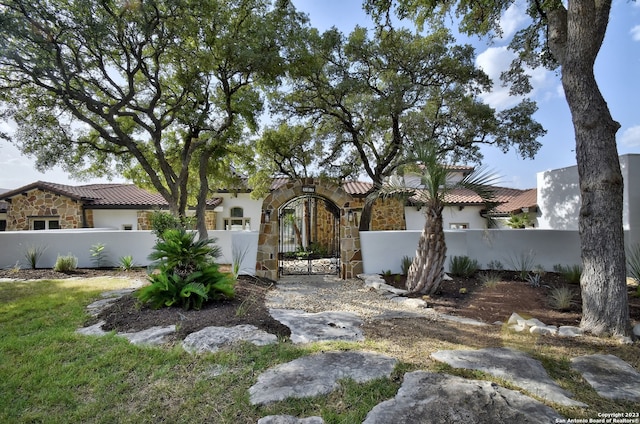 view of front of home with stone siding, a fenced front yard, a gate, and stucco siding