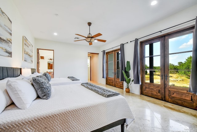 bedroom with access to exterior, recessed lighting, french doors, and ensuite bath