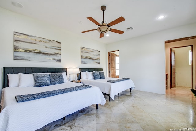 bedroom featuring a ceiling fan, visible vents, and recessed lighting