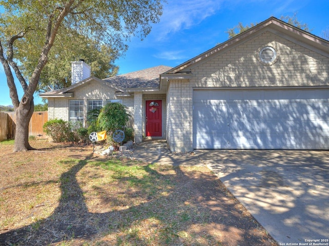 ranch-style house with brick siding, a chimney, concrete driveway, fence, and a garage