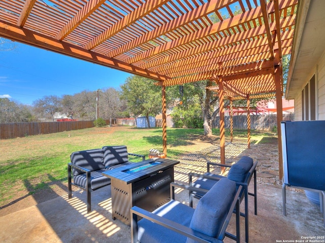 view of patio / terrace featuring a fenced backyard, an outdoor structure, a shed, outdoor lounge area, and a pergola