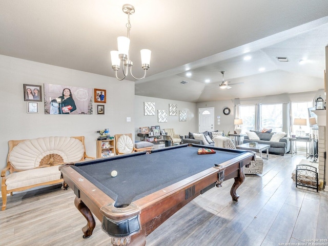 playroom featuring lofted ceiling, light wood finished floors, billiards, and visible vents