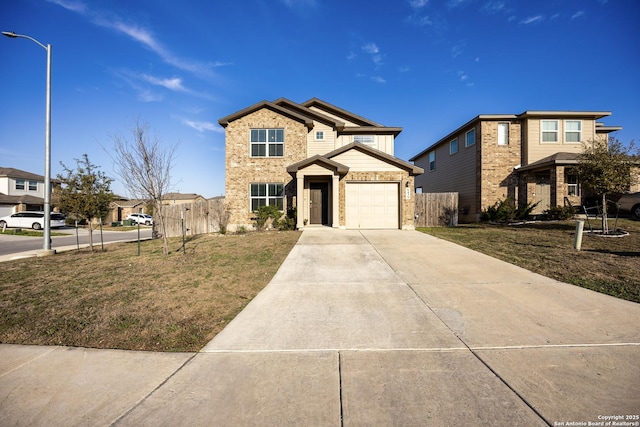 view of front of home with an attached garage, brick siding, fence, concrete driveway, and a front lawn