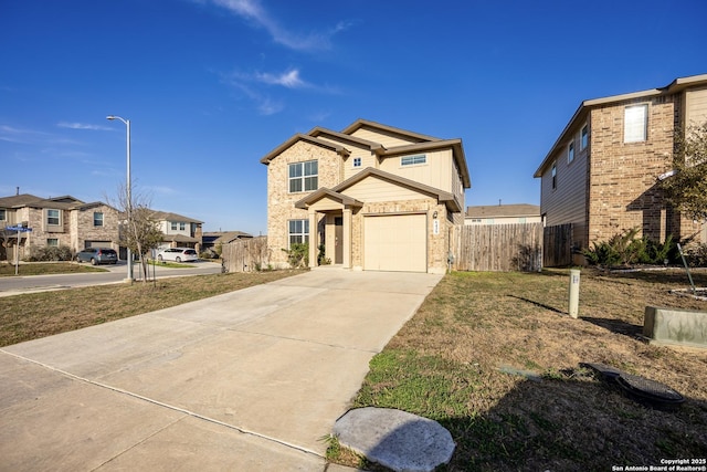 view of front of property with driveway, an attached garage, fence, and brick siding