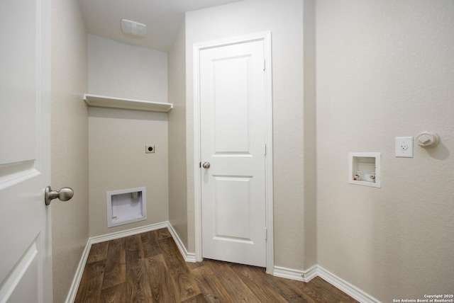 laundry area with laundry area, baseboards, dark wood-style flooring, and hookup for an electric dryer