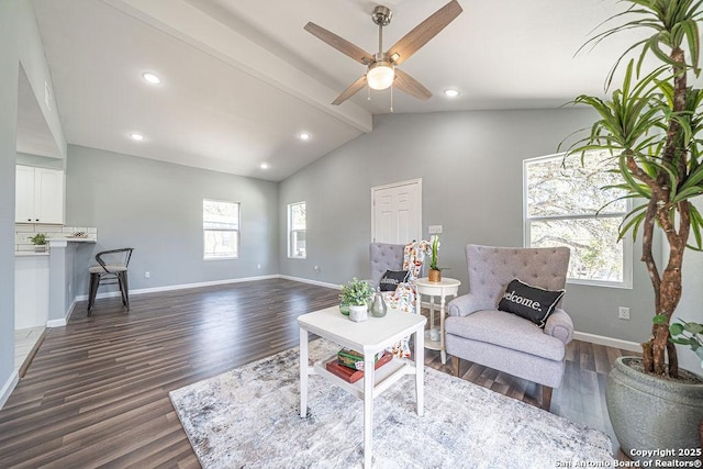 sitting room with dark wood-style flooring, a wealth of natural light, and baseboards