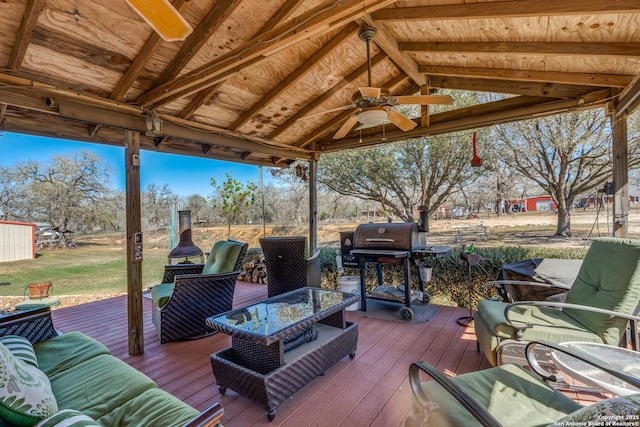 237 Heritage View Dr, Adkins, TX 78223 - wooden terrace with area for grilling and ceiling fan