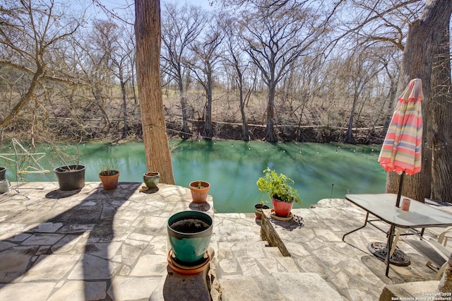 view of patio / terrace with a water view