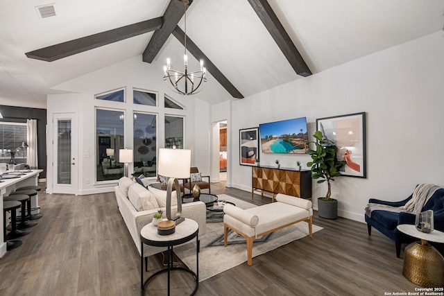 living area featuring an inviting chandelier, visible vents, dark wood-style flooring, and beamed ceiling