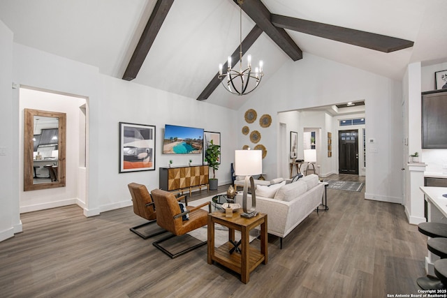 living area featuring baseboards, dark wood-style floors, beamed ceiling, an inviting chandelier, and high vaulted ceiling