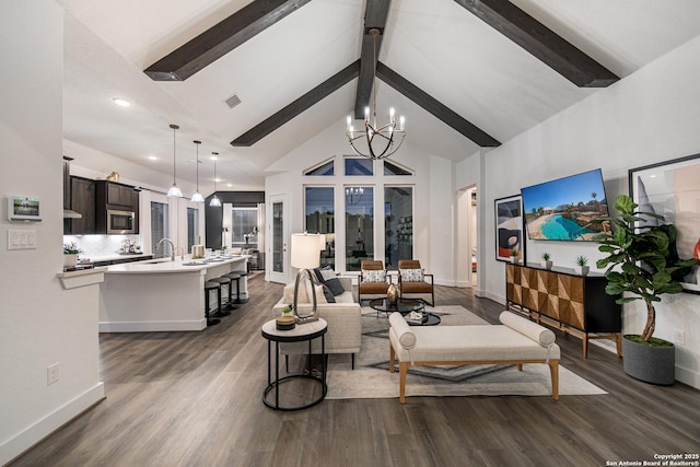 living room featuring visible vents, dark wood-style floors, beam ceiling, high vaulted ceiling, and a notable chandelier