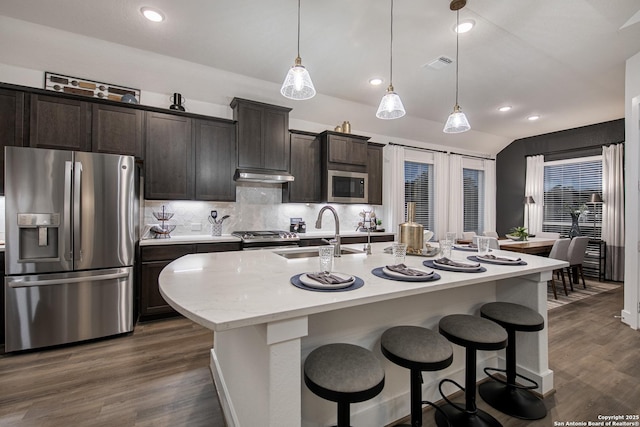 kitchen with a kitchen island with sink, under cabinet range hood, stainless steel appliances, a sink, and dark wood-style floors