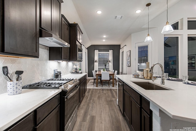 kitchen featuring dark brown cabinetry, dark wood finished floors, appliances with stainless steel finishes, under cabinet range hood, and a sink