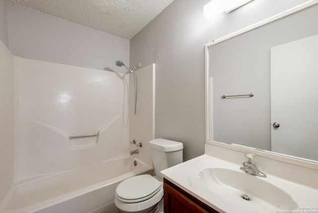 full bathroom with shower / bathtub combination, a textured ceiling, toilet, and vanity