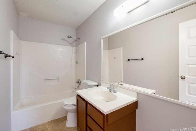 full bath with toilet, a textured ceiling, vanity,  shower combination, and tile patterned floors