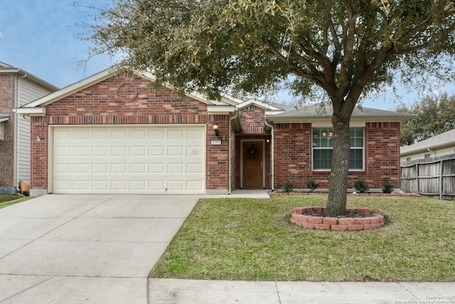 ranch-style home featuring brick siding, fence, concrete driveway, a front yard, and a garage