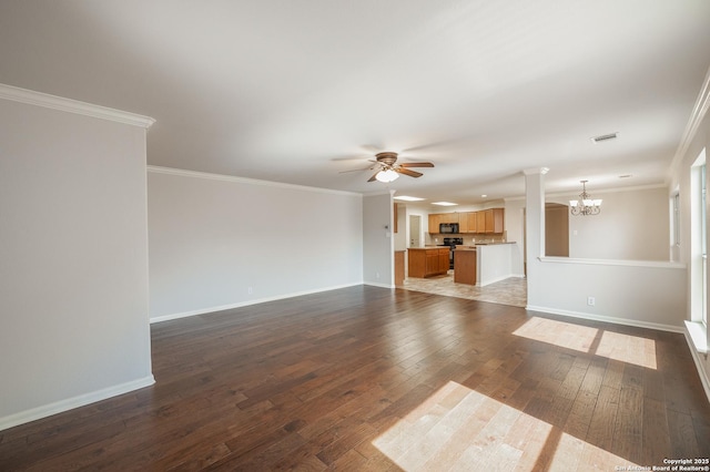 unfurnished living room with baseboards, dark wood finished floors, crown molding, and ceiling fan with notable chandelier