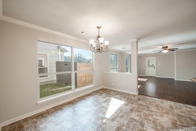 unfurnished dining area with baseboards, ceiling fan with notable chandelier, visible vents, and ornamental molding