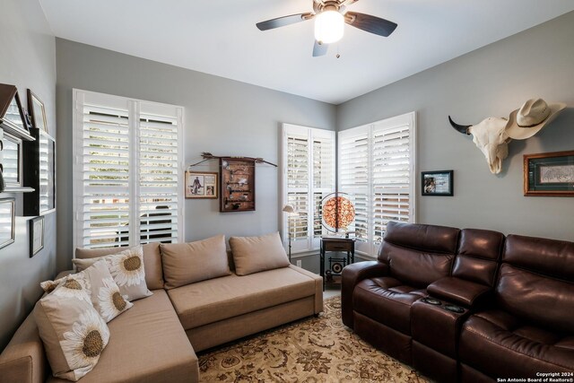 living area with a wealth of natural light and a ceiling fan