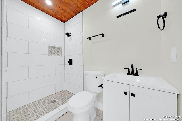 full bathroom with wooden ceiling, tiled shower, vanity, and toilet