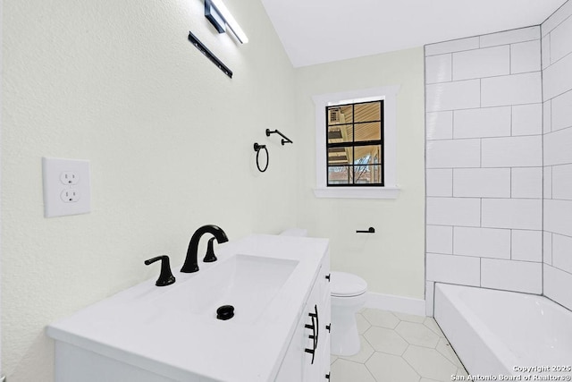 full bathroom with baseboards, vanity, toilet, and tile patterned floors