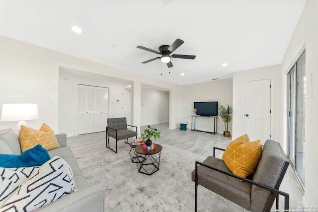 11217 Cave Crk, Helotes, TX 78023 - living room with recessed lighting, ceiling fan, light wood-style flooring, and baseboards