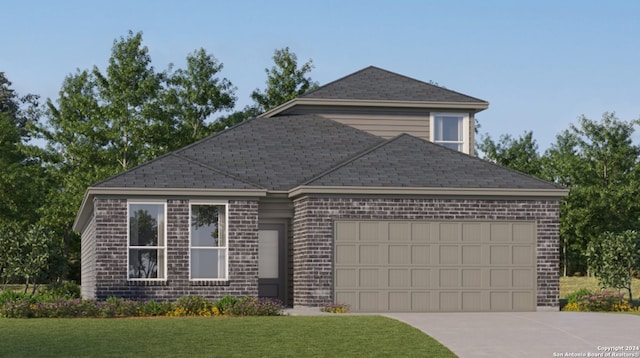 view of front of property with brick siding, a shingled roof, an attached garage, driveway, and a front lawn