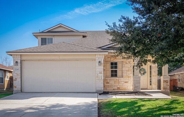 view of front of house with driveway, stone siding, an attached garage, and a shingled roof