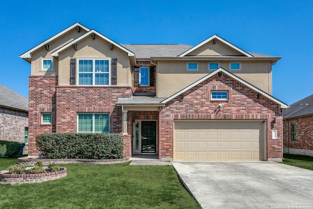 traditional-style house featuring a garage, brick siding, concrete driveway, stucco siding, and a front yard