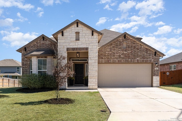 french country inspired facade with a garage, brick siding, fence, driveway, and a front lawn