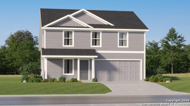 view of front facade with a garage, roof with shingles, concrete driveway, and a front yard