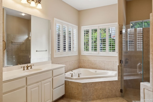 37 Westerleigh, San Antonio, TX 78218 - bathroom with a shower stall, a garden tub, vanity, and tile patterned floors