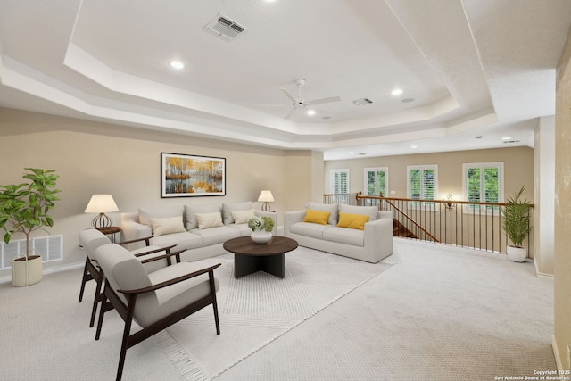 37 Westerleigh, San Antonio, TX 78218 - living room with a raised ceiling, carpet flooring, recessed lighting, a ceiling fan, and baseboards