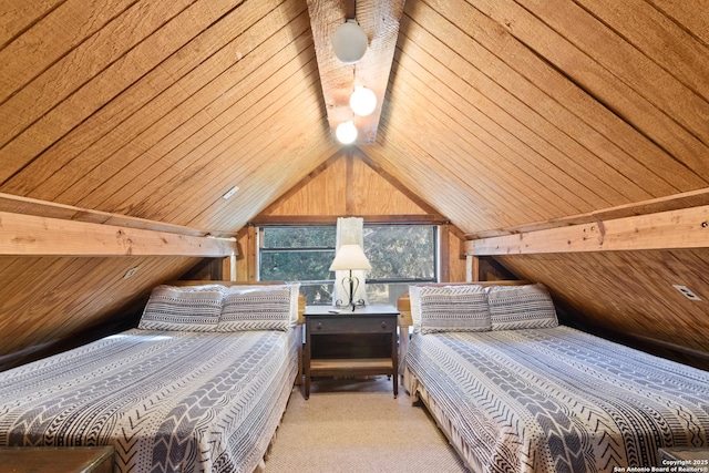 carpeted bedroom with vaulted ceiling, wood ceiling, and wood walls