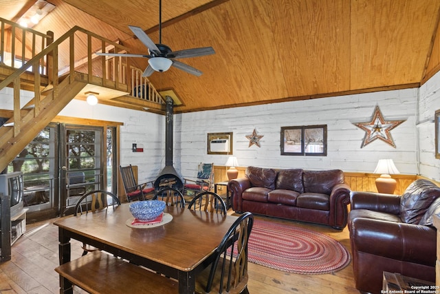 dining space featuring a wood stove, wooden ceiling, wood-type flooring, and a ceiling fan