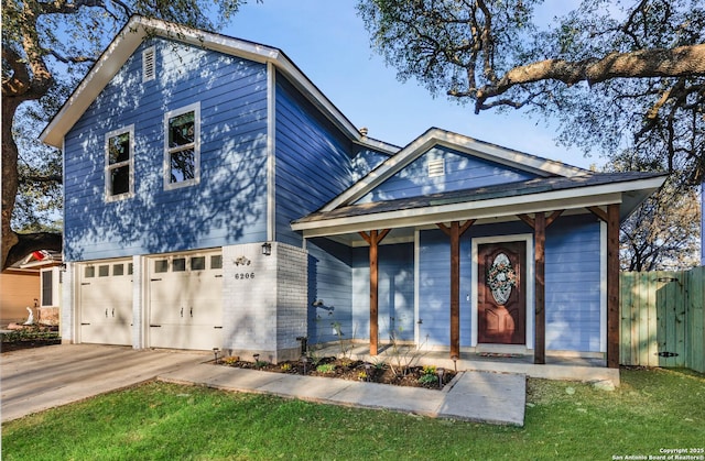 view of front of property with a porch, an attached garage, brick siding, fence, and driveway