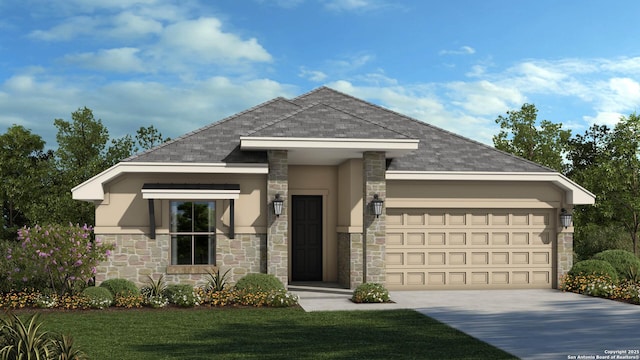 view of front of house featuring stucco siding, a garage, stone siding, driveway, and a front lawn