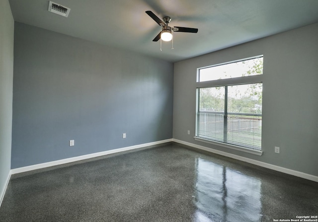 empty room with a ceiling fan, visible vents, and baseboards