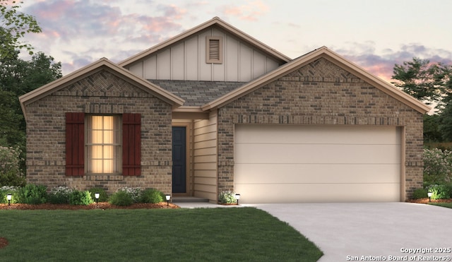 view of front of house with driveway, an attached garage, board and batten siding, and brick siding